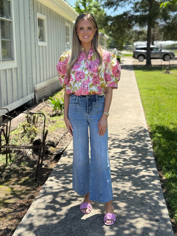 High Rise Wide Leg Jeans with Raw Hem
