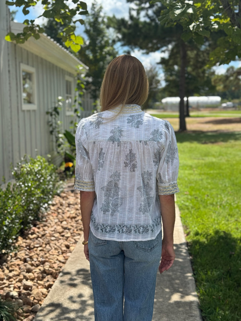 Metallic Trim Paisley Top