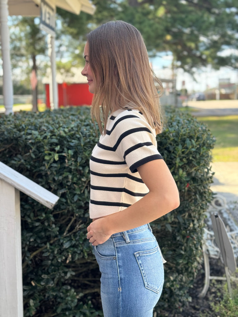 Cream and Black Cropped Short Sleeve Stripe Sweater Top