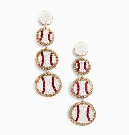 White 3 Baseball Earrings