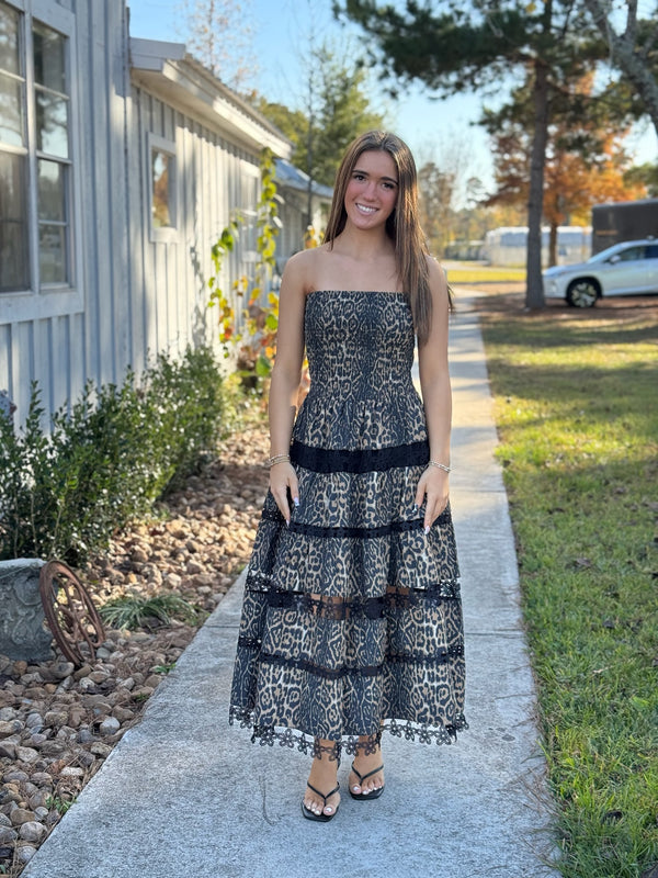 Kylie Leopard Print Trim Long Dress