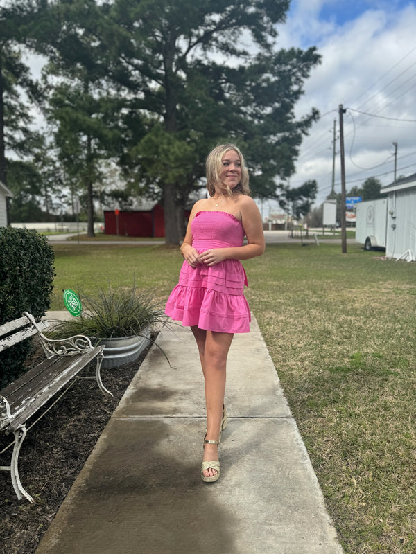 Pink Strapless Smocked Tiered Mini Dress