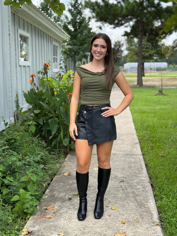 Jessie Button Wrap Leather Skort - Black