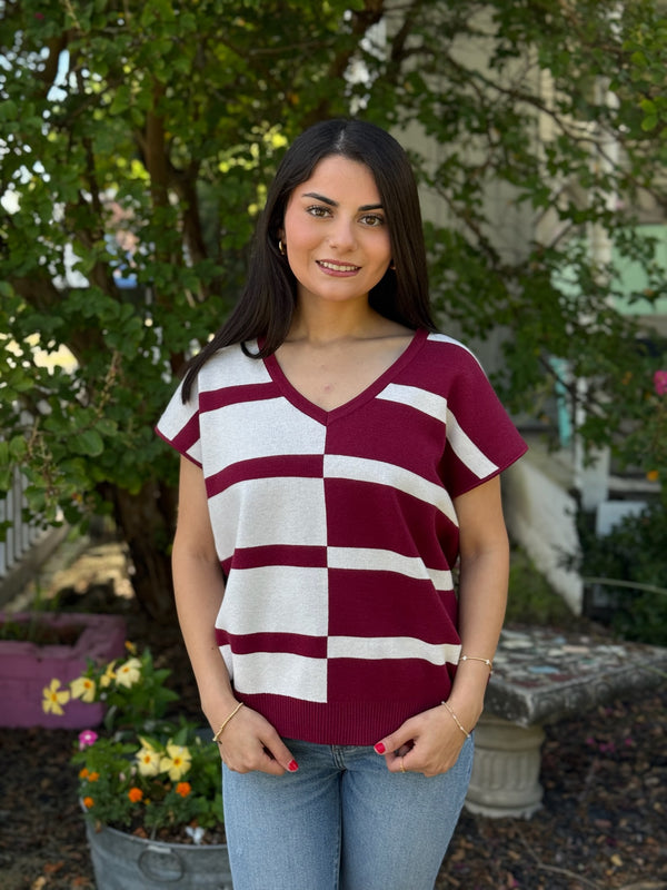 Hannah Sweater - Maroon/White