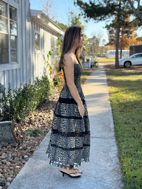 Kylie Leopard Print Trim Long Dress