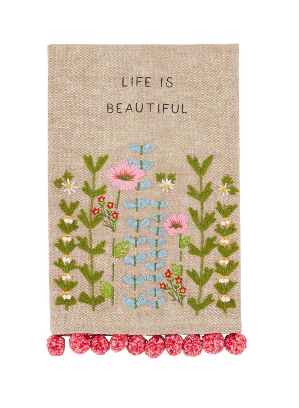 Life Is Beautiful Floral Embroidery Pom Towel