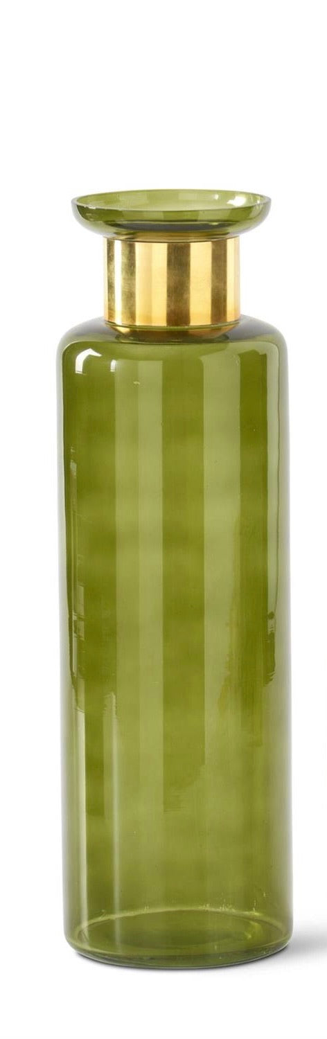 Green Glass Bottle with Gold Metal Fittings - 14 Inch