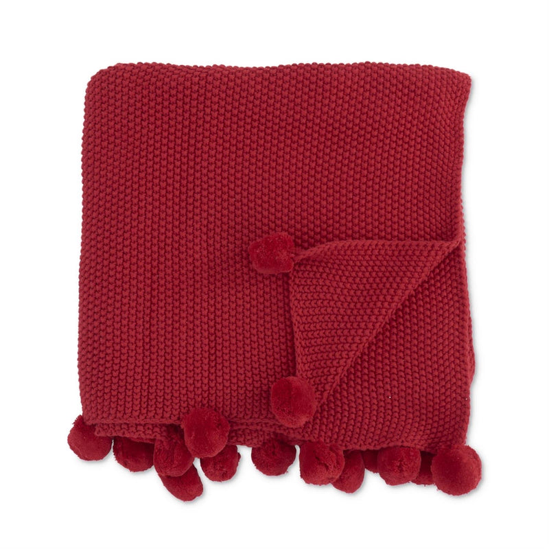 Moss Stitch Knit Throw Blanket with Pompom Trim