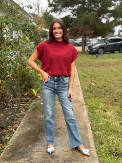 Knit Mock Neck Short Sleeve Top - Merlot