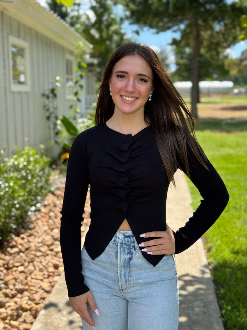 Taylor Pleated Sweater Top - Black