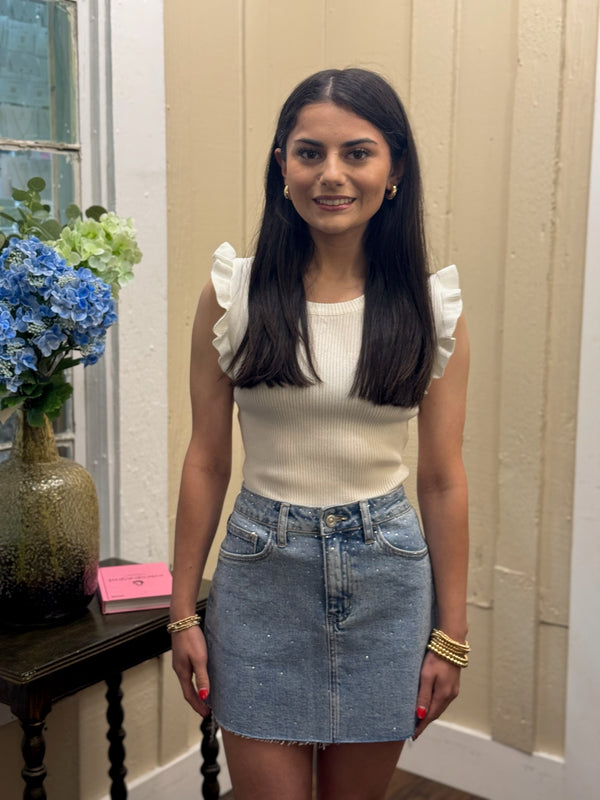 MID RISE RHINESTONES DENIM SKIRT