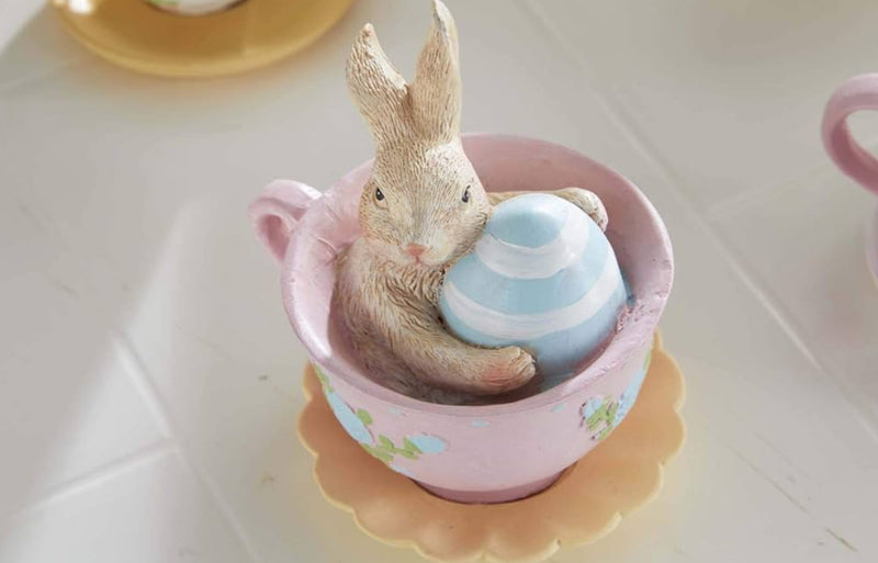 Assorted Resin Bunnies in Tea Cups Pink Saucer