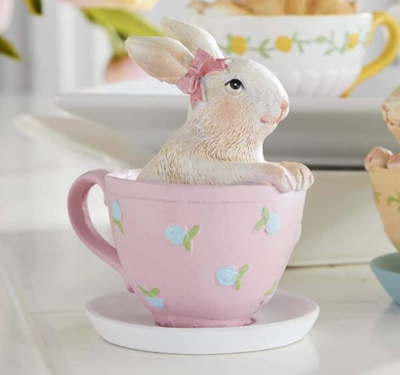 Assorted Resin Bunnies in Tea Cups Pink Saucer