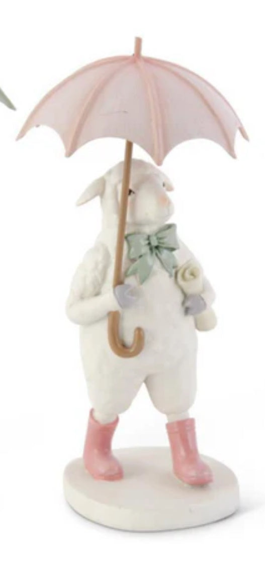 Resin Walking Sheep with Umbrellas Green