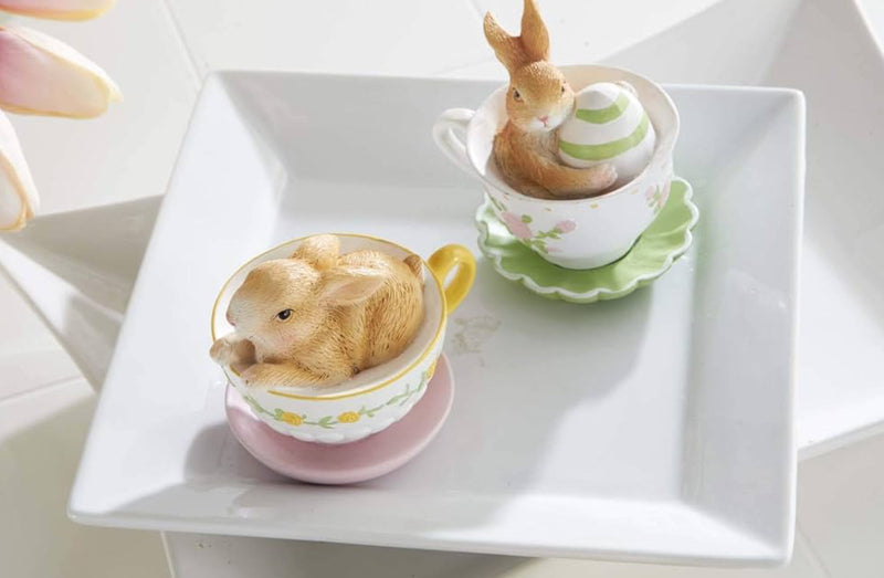 Assorted Resin Bunnies in Tea Cups Pink Saucer