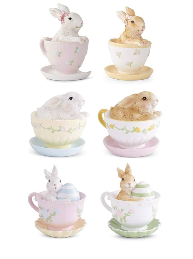 Assorted Resin Bunnies in Tea Cups Pink Saucer