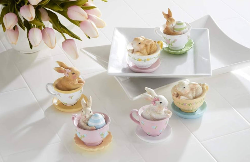 Assorted Resin Bunnies in Tea Cups Pink Saucer