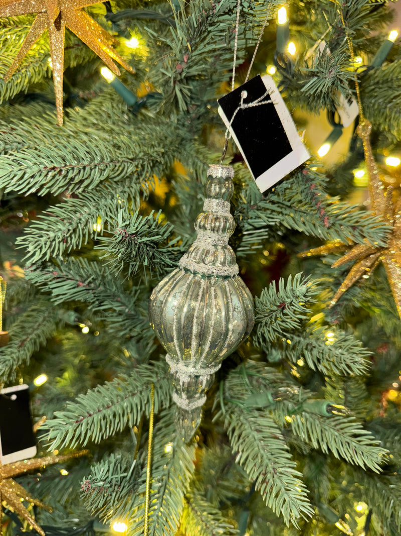 Sage Green Mercury Glass Ribbed Finial Ornaments 1