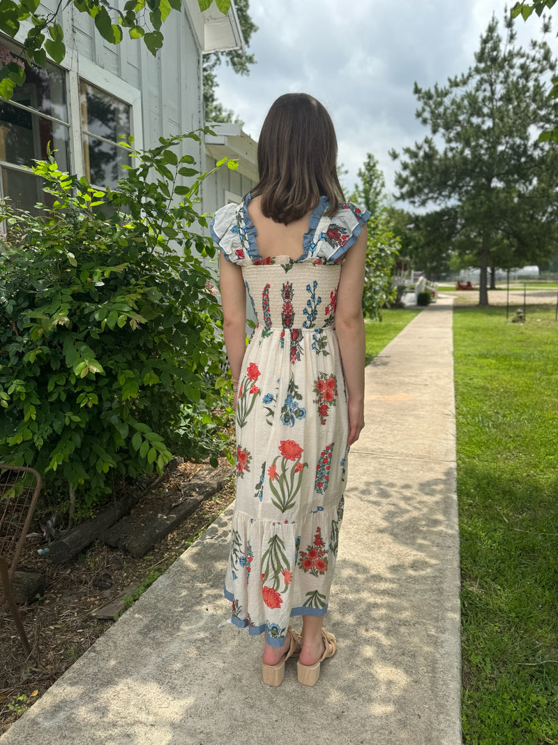 Cream Smocked Flower Print Dress