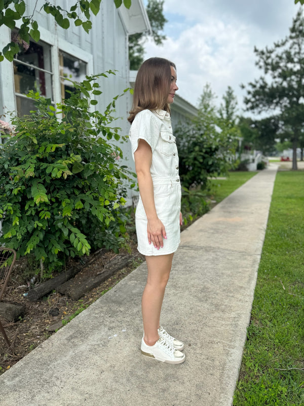 White Short Sleeve Utility Denim Dress