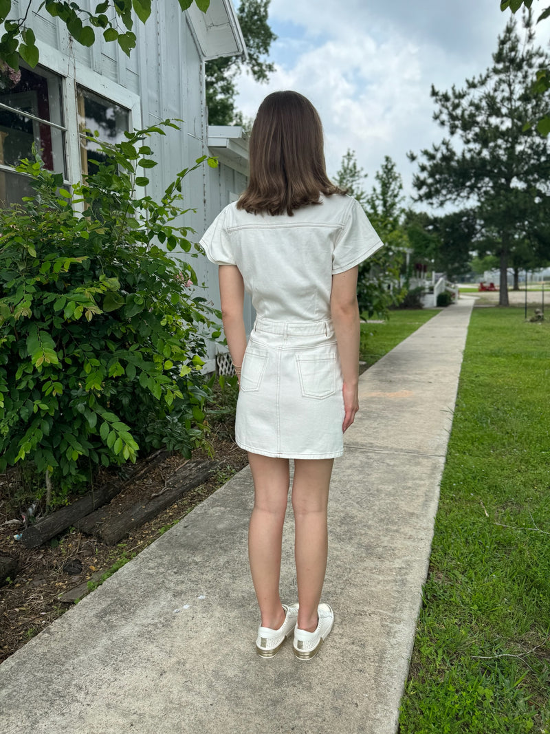 White Short Sleeve Utility Denim Dress