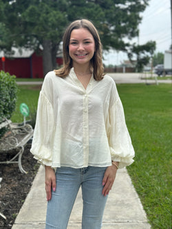 Vanilla Cream Puff Sleeve Button Down Shirt