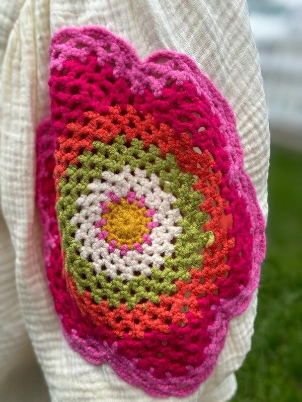 Cream Crochet Detail Puff Sleeve Top
