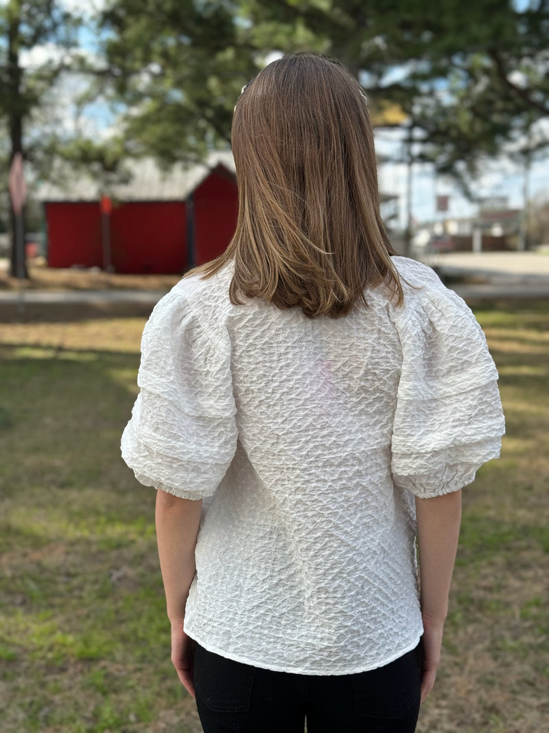 White Puff Sleeve Textured Top