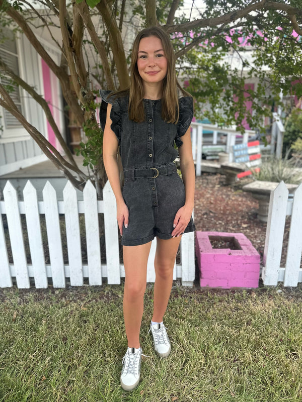 Twill Button Down Romper in Charcoal