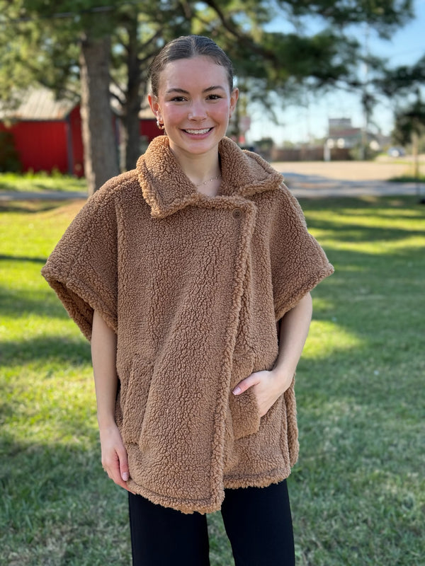 Teddy Cape Lined with Side Buttons - Brown