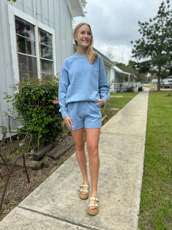 Christa Fleece Long Sleeve Pullover - Light Blue Denim