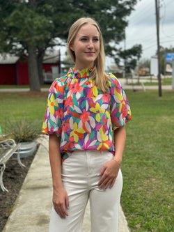 Cream Mock Neck Flower Print Top