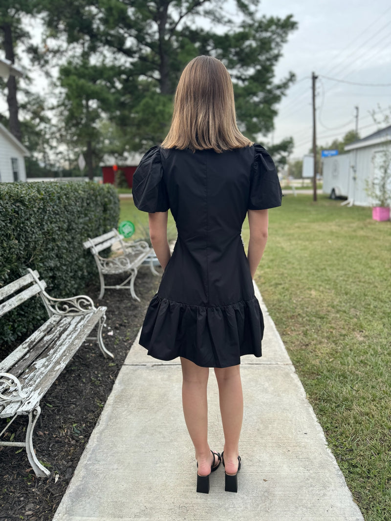 Pearl Trim Cut-Out Shirt Dress in Black