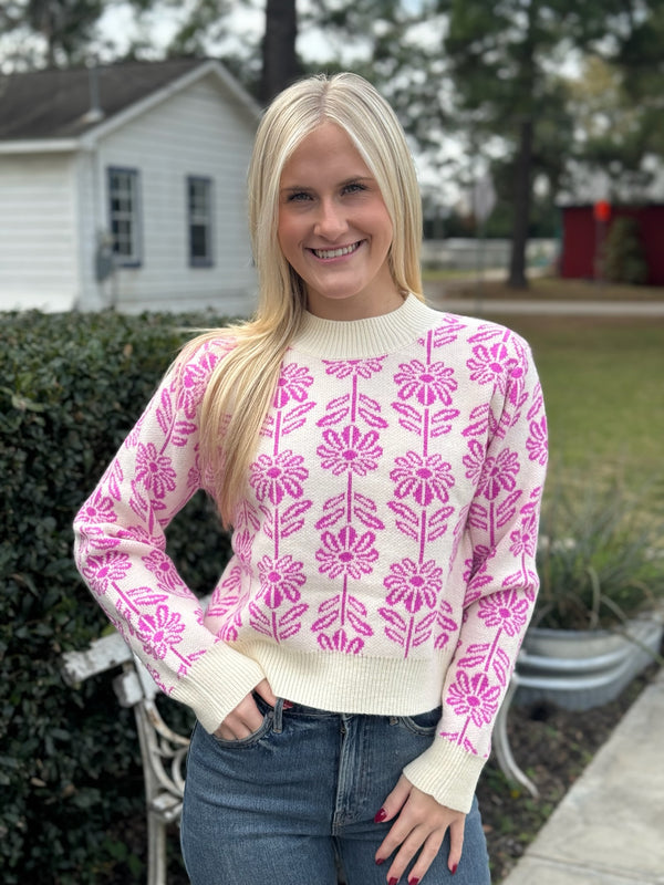 Electric Orchid Floral Pattern Knit Sweater