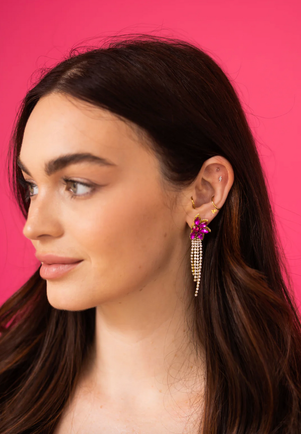 Flower Rhinestone Dangle Earrings - Pink