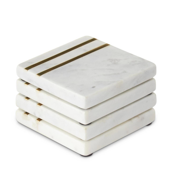 Gold Striped White Marble Square Coaster