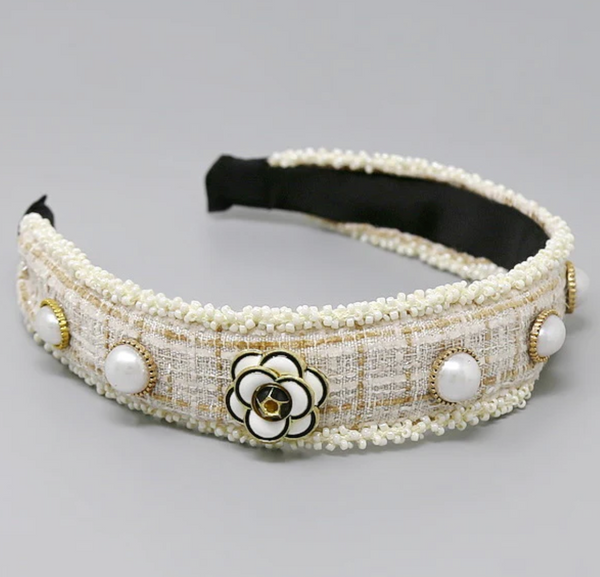 Natural and Cream Camelia Flower and Pearl Tweed Headband
