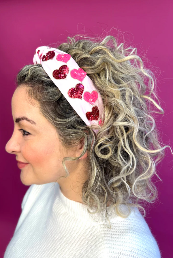 Pink with Red and Pink Sequin Hearts Knot Headband