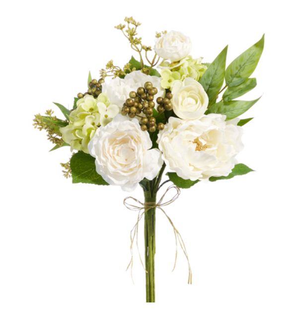 17" White Peony, Ranunculus and  Geranium Bouquet
