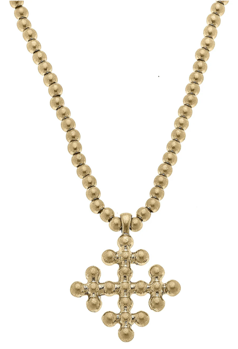 Wren Cross Ball Bead Necklace in Worn Gold