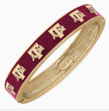 Texas A&M Logo Enamel Hinge Bangle in Worn Gold