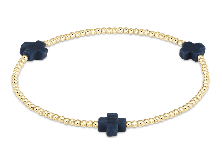 SIGNATURE CROSS GOLD PATTERN  2MM BEAD BRACELET - NAVY