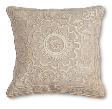 Tan Linen and Velvet Embroidered Pillow