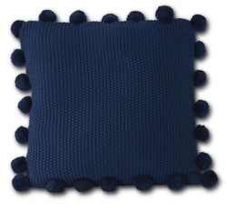 Blue Moss Stitch Knit Pillow with Pompom Trim