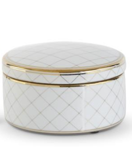 White & Gold Round Ceramic Lidded Container - Small