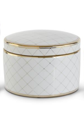 White & Gold Round Ceramic Lidded Container - Med