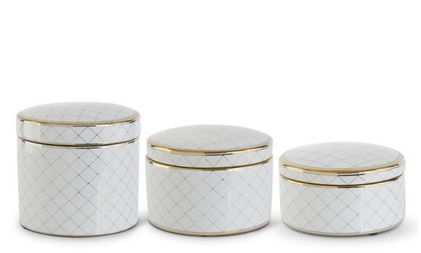 White & Gold Round Ceramic Lidded Container - Med