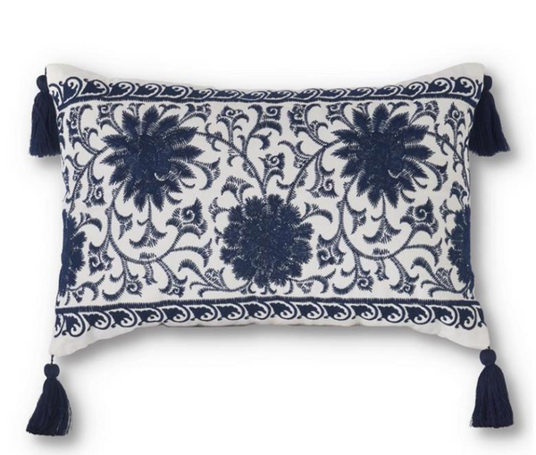 Rectangular Blue & White Embroidered Mandala Pillow with Tassels