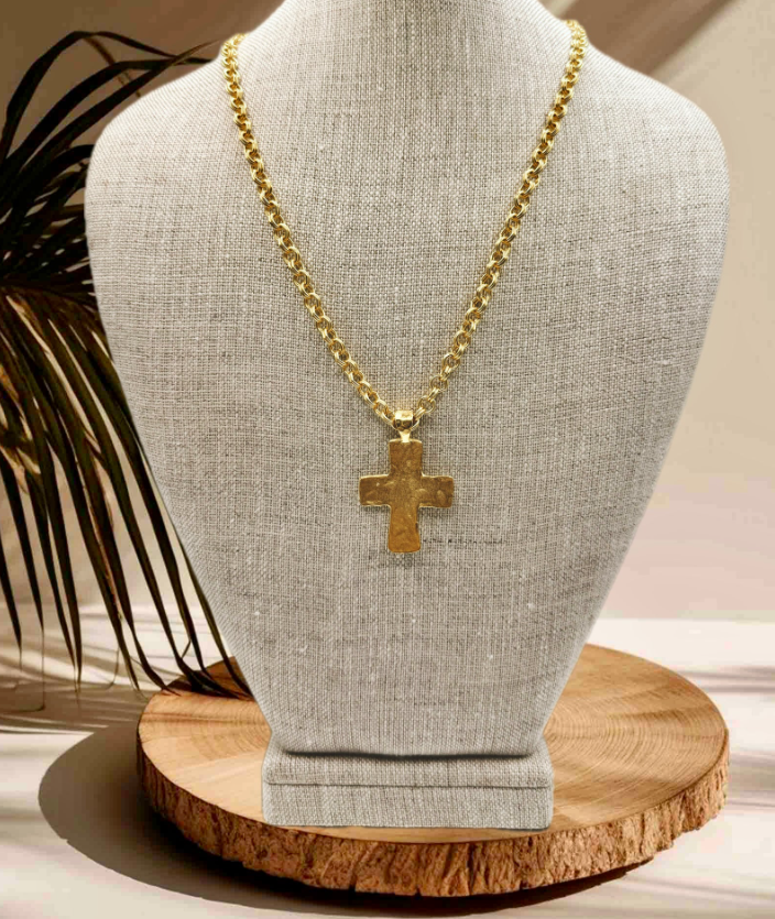 Chunky Hammered Cross on 21" Double Rolo Chain