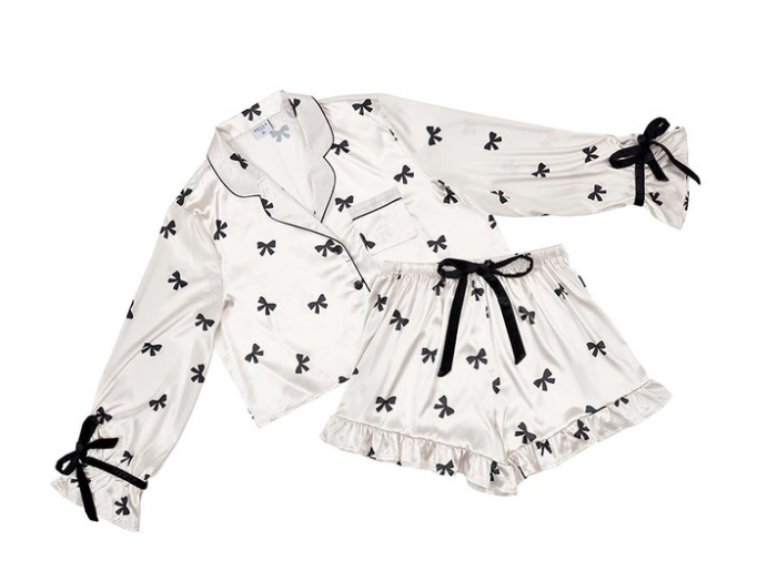 Velvet 2pc Pajama Set - Ivory/Black Bow